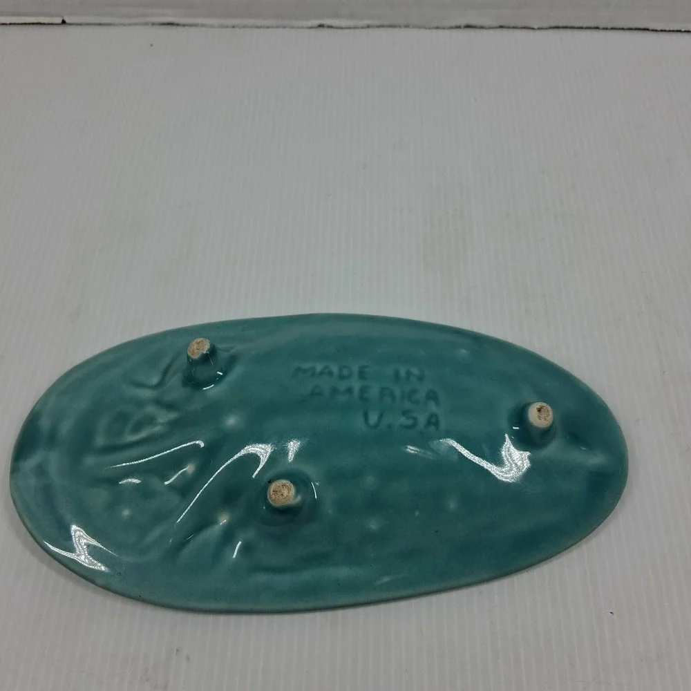 Vintage Mid Century Modern Teal Gold Celestial Moon Ceramic Trinket Dish USA